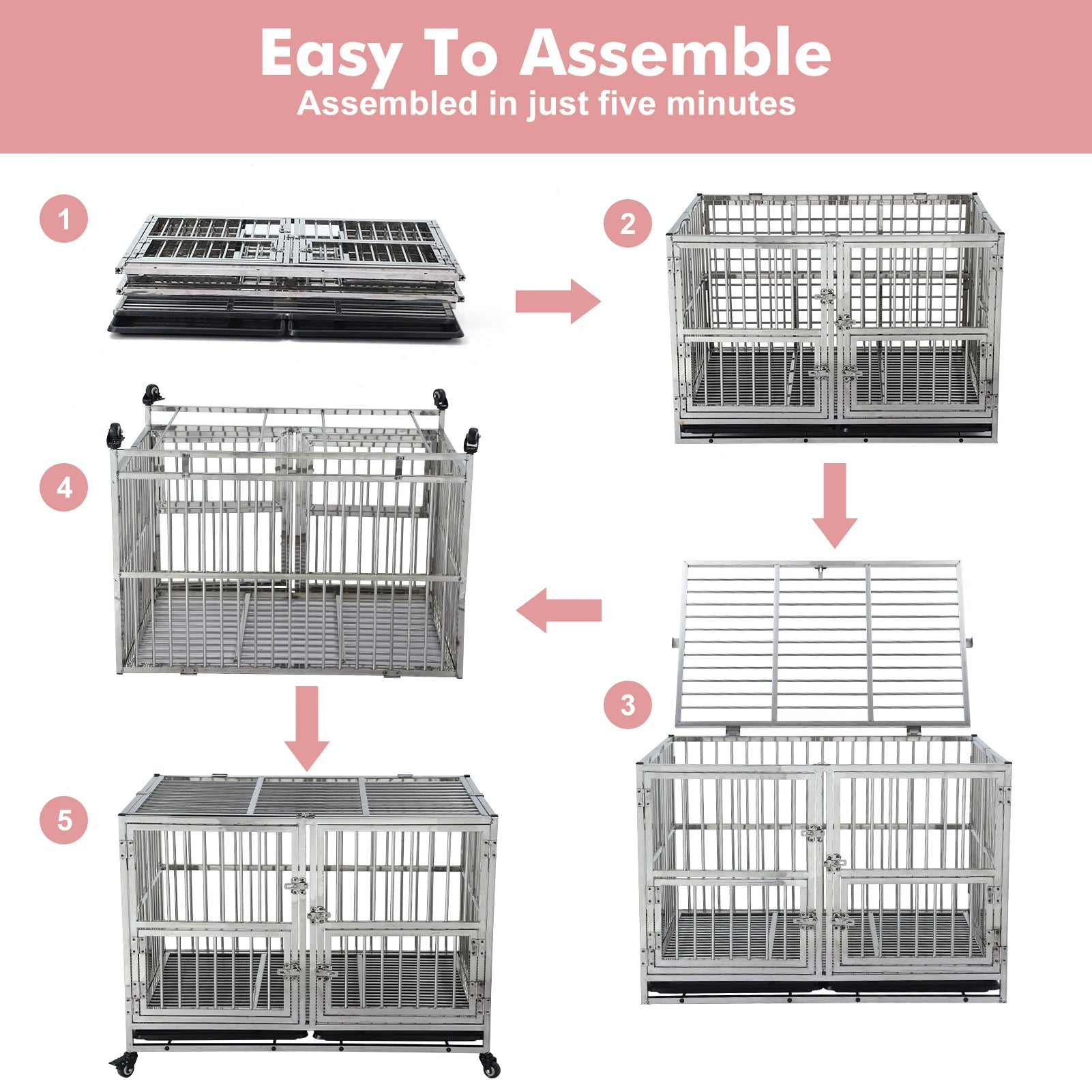 48" Heavy Duty Dog Crate Cage Kennel with Wheels, Full Stainless Steel High Anxiety Indestructible Dog Crate,Sturdy Locks Design