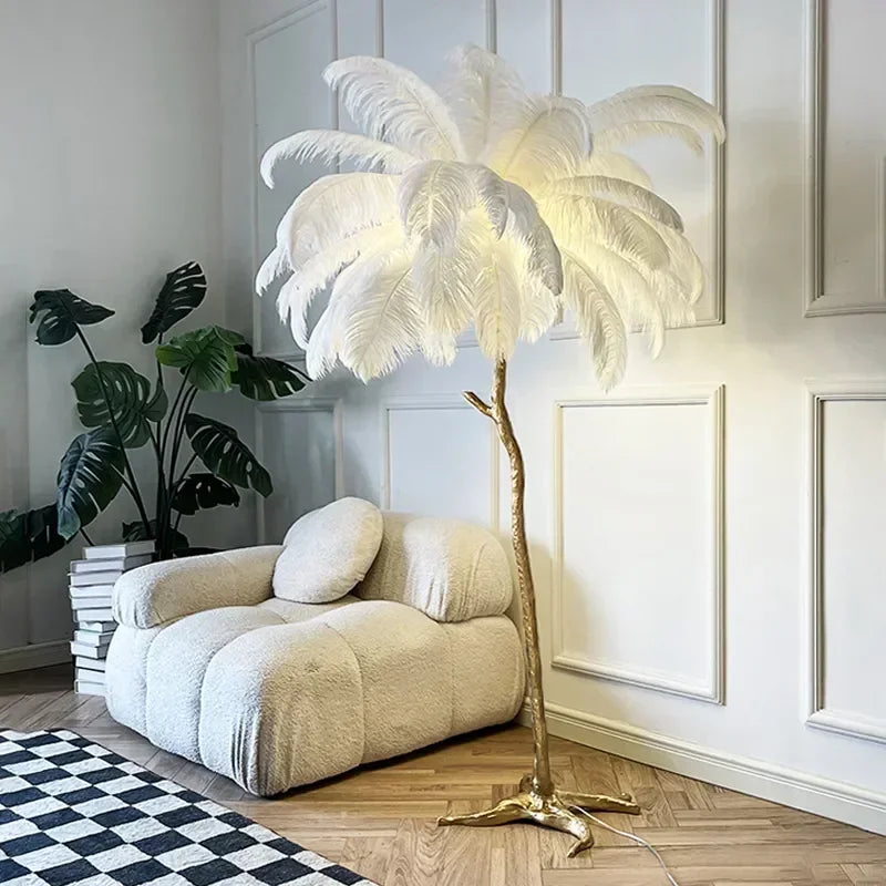 200cm Nordic Ostrich Feather Floor Lamp Resin Copper Living Room Home Decor Standing Light Indoor Lighting Bedroom Bedside Light
