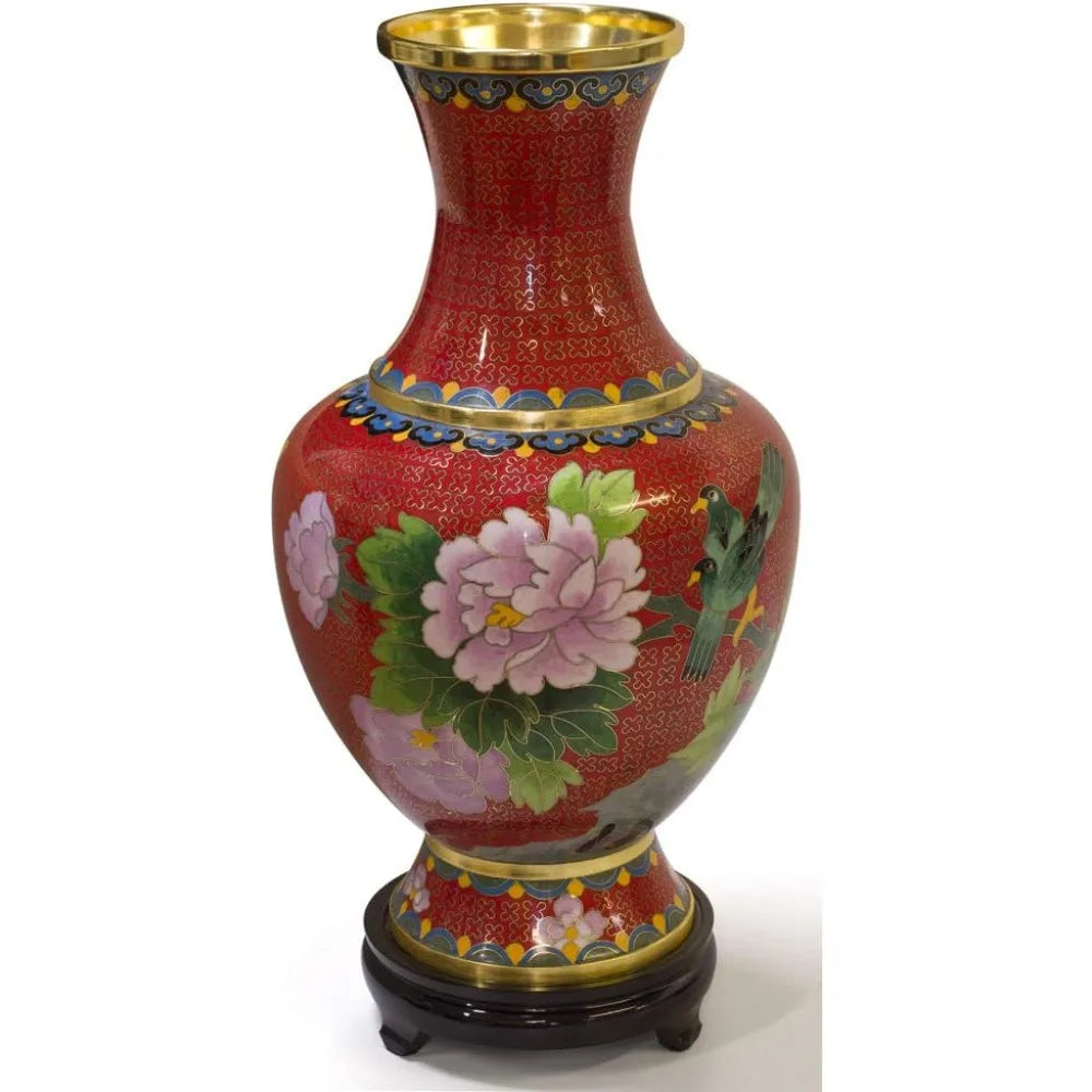 China Furniture Online Red Floral Motif Oriental Cloisonne Vase with Stand