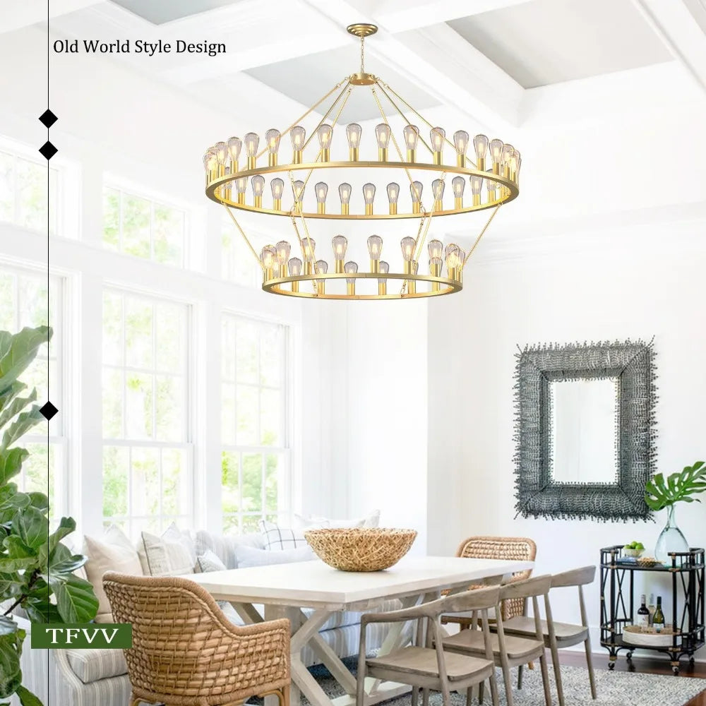 60‘’ Grand Circle 54-Light  Lamps Gold Wagon Wheel Chandelier 2 Tier Design Rustic Fixture Lighting  Lights For Room Home Decor