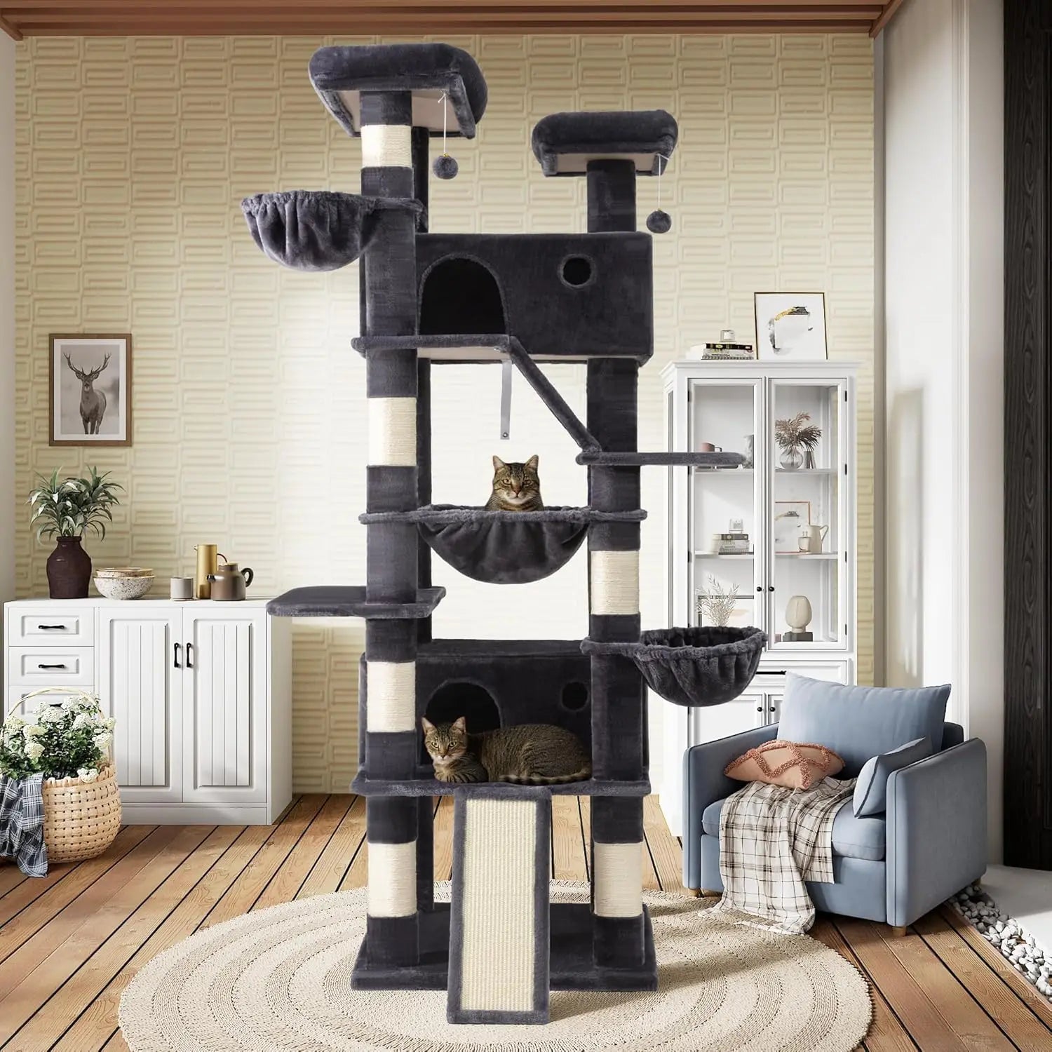 81" Tall Cat Tree - Hammock, Cozy Perches, Sisal Posts & Wide Base -Dark Grey Cat Condo