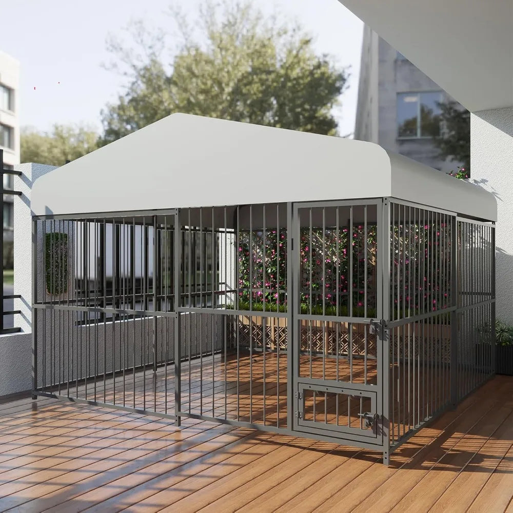 Large Outdoor Dog Kennel - 10x10x6 Feet, Heavy Duty Cage with Lock, Waterproof Roof, and Swivel Stainless Steel Feeding Bowl
