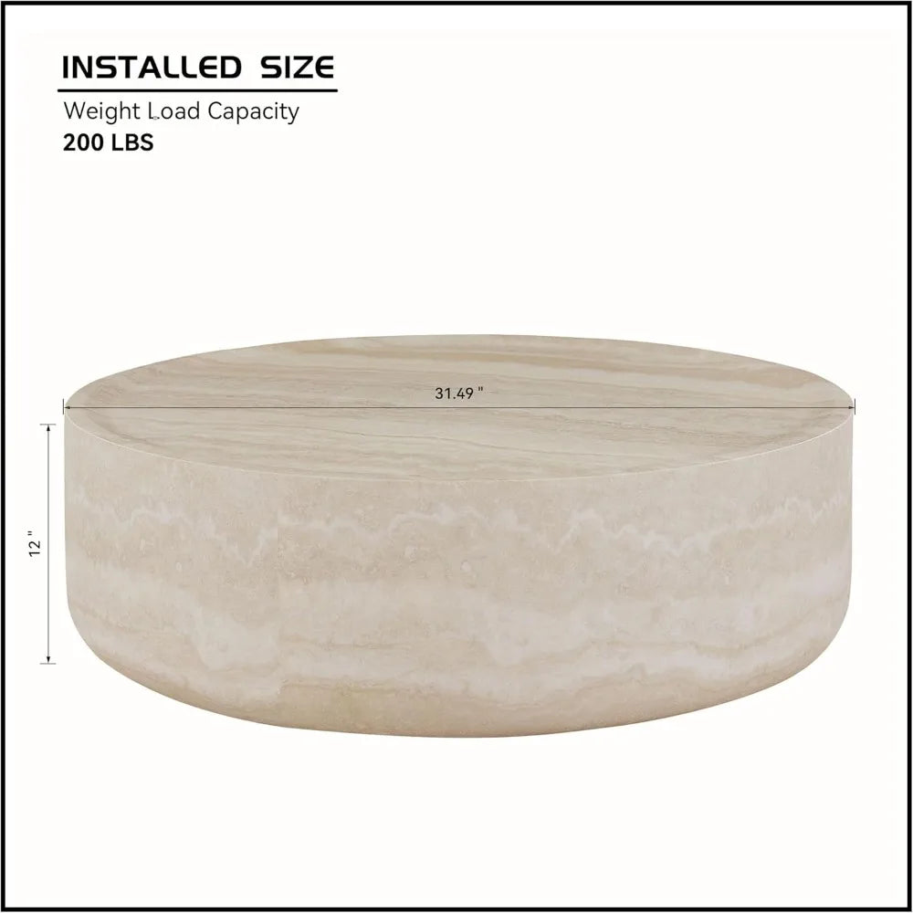 Modern Drum Style Fiberglass Coffee Table, Round Marble-Look Table for Living Spaces and Apartments