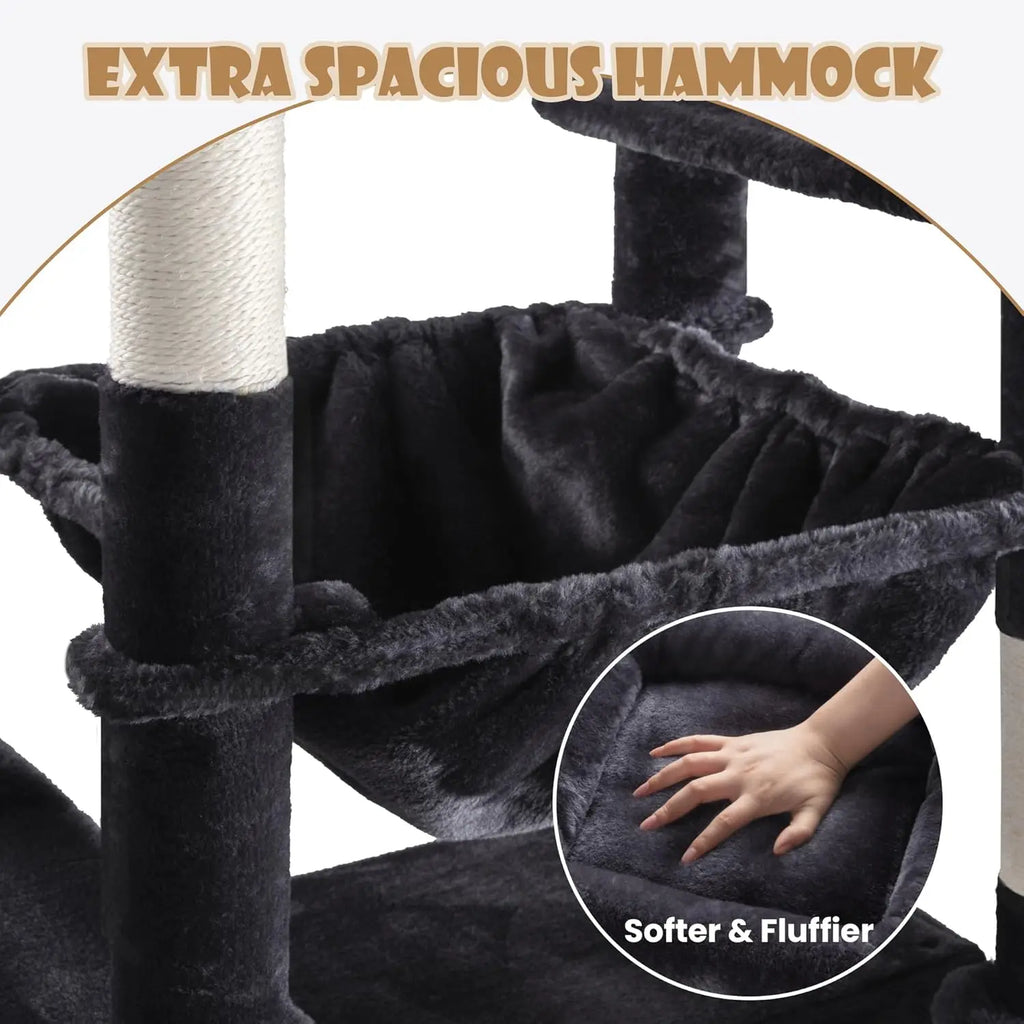 81" Tall Cat Tree - Hammock, Cozy Perches, Sisal Posts & Wide Base -Dark Grey Cat Condo