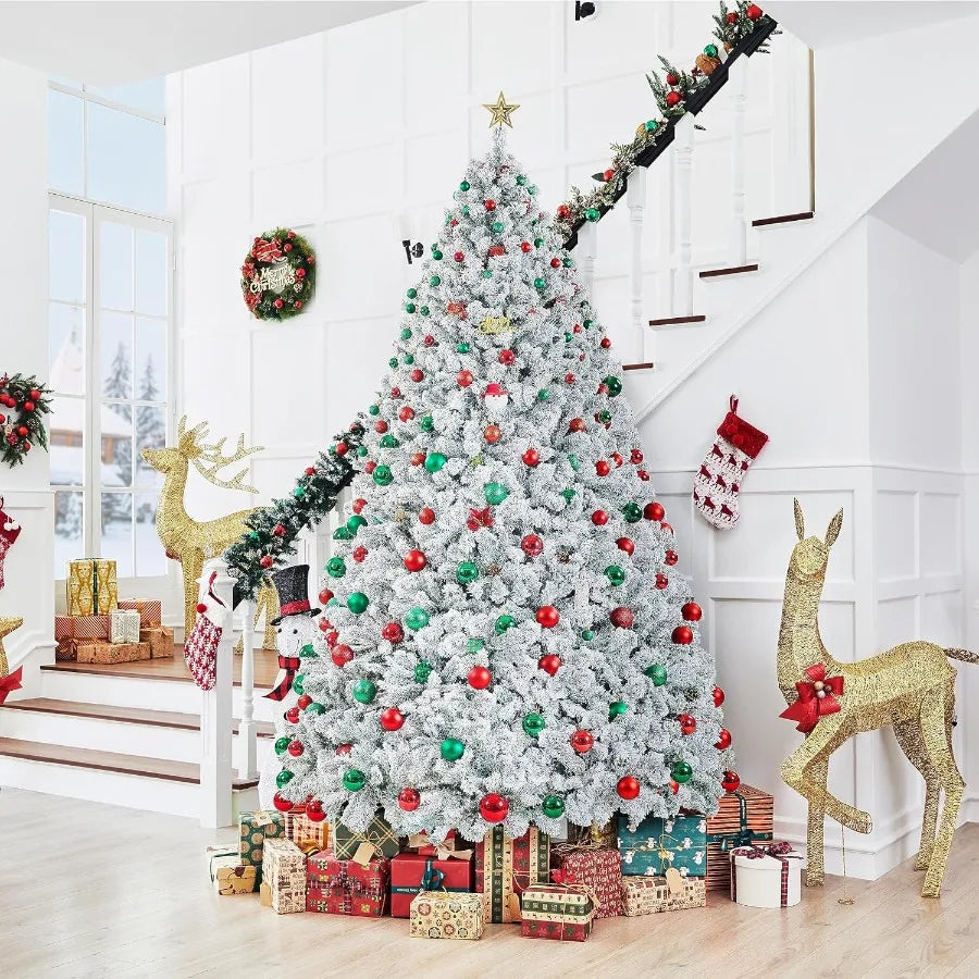 9ft Premium Snow Flocked Hinged Artificial Christmas Fake Spruce Full Tree for Home Office Party Decoration with 2108 Branches