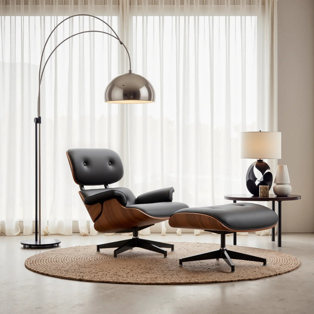Top Black PU Leather, Mid Century Chaise Lounge Chair and Ottoman, Modern Chair Classic Design, Palisander Wood, Heavy Duty