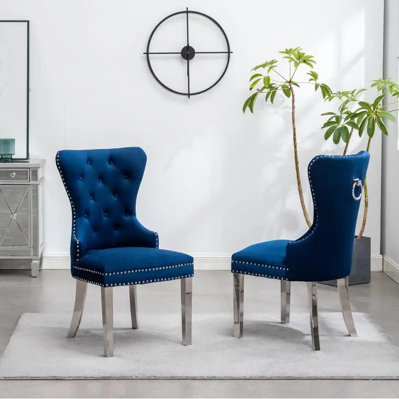 Set of 2 Contemporary Tufted Velvet Chairs with Nailhead Trim - Blue, Upholstered Accent Chairs for Living Room or Home Office