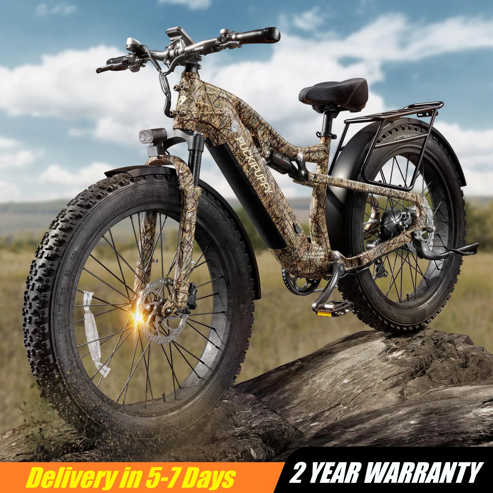 PUCKIPUPPY Electric Bike for Adults 26" Fat Tire Full Suspension Electric Mountain Bike 1350W Peak 48V 20AH Battery Ebike