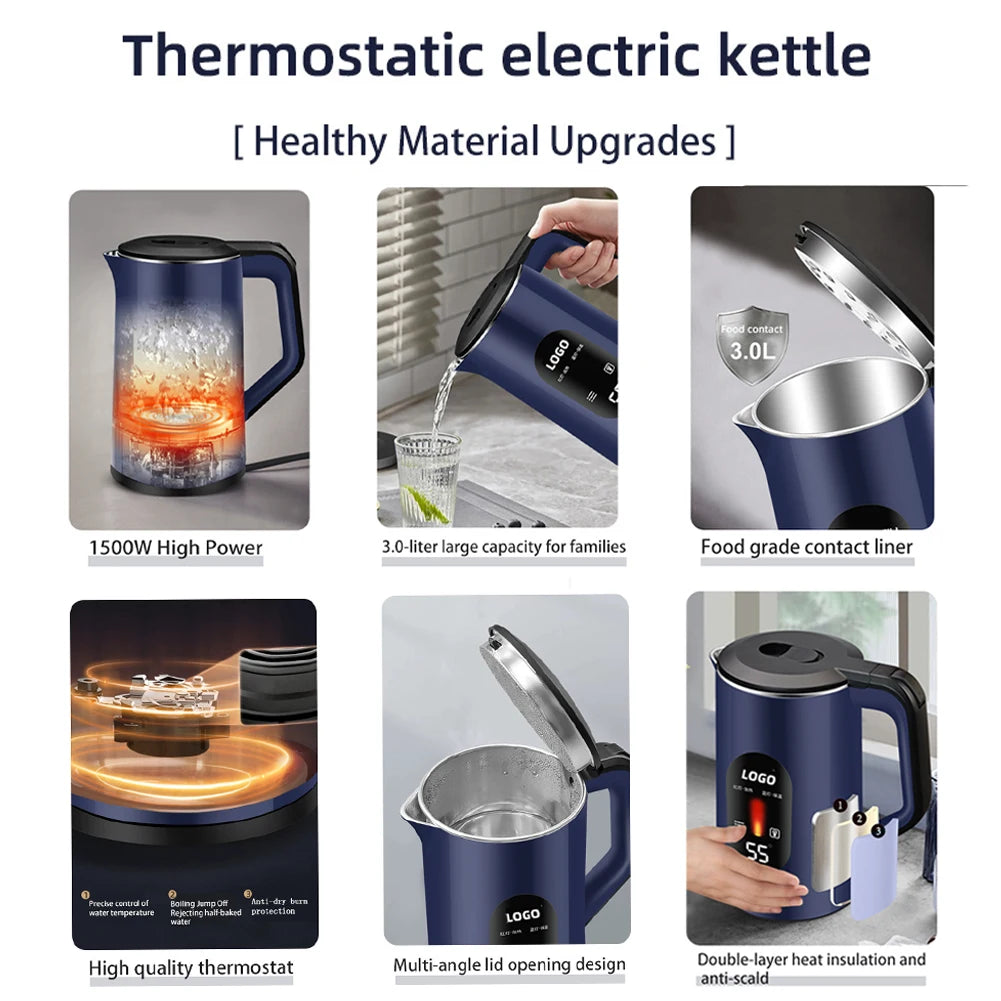 3L Stainless Steel Electric Hot Water Boiler Auto-Shutoff Thermal Water Kettle 1500W Fast Boil Boil Water Pot Home Kitchen Tool
