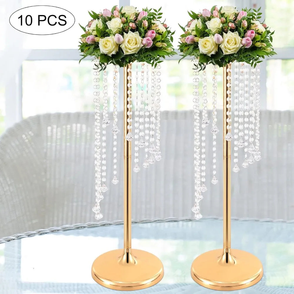 Centerpieces Gold Vases, 10PCS Metal Flower Candle Holder with Sparkling Crystal Beads, Crystal Flower Vase Metal Flowers