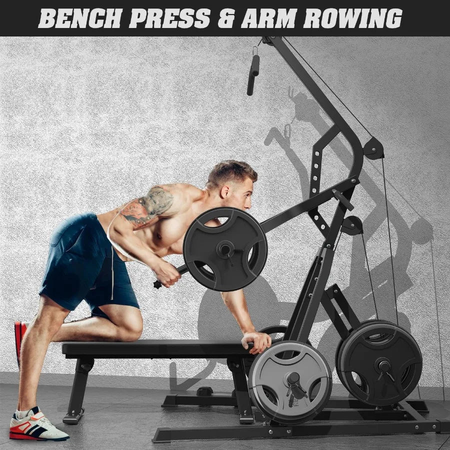 Power Rack Squat Rack Lever Gym with LAT Low Row System Home Gym System Workout Station 2:1 Ratio (Without Weight Plates)