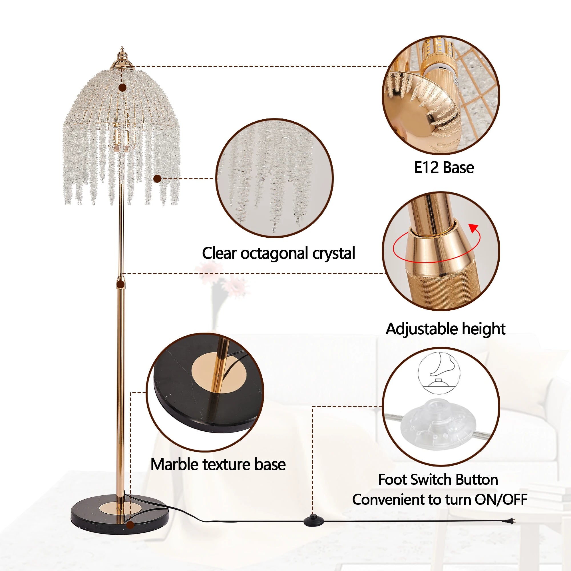 L011008 Crystal Pendant American Retro Gold Floor Lamp Hardware Lamp Base Compatible with E12 Specification Type Lamp Bedroom Living Room Sofa Side Light Luxury Atmosphere High-End Background Light