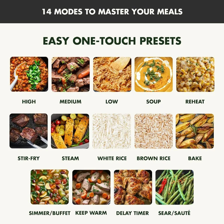 Elite 14in1 Nonstick 6QT Electric Slow Cooker PFASFree Ceramic MultiCooker with InPot Browning for Home Kitchen Dishwasher Safe