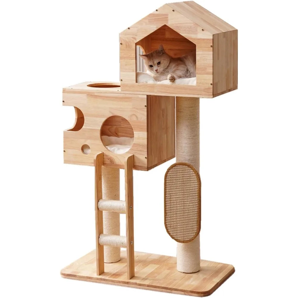 shengocase modern real solid rubber wood large cat tree tower castle with big enclosed bed, house condo, scratching post and sis