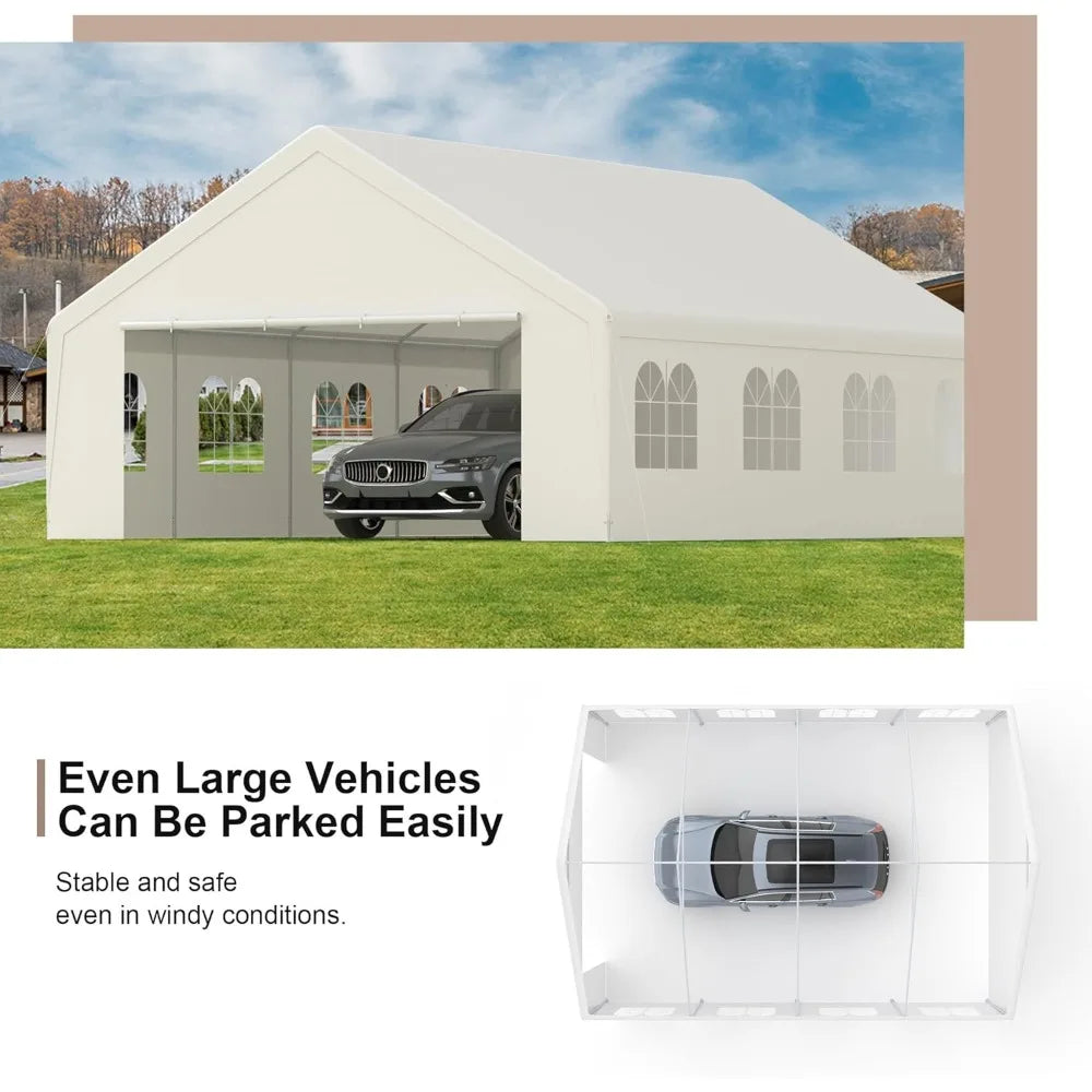 20' x 26' Heavy Duty Carport with Roll-up Visual Windows, Reinforced Party Tent with Removable Sidewalls & Doors for Parties, W