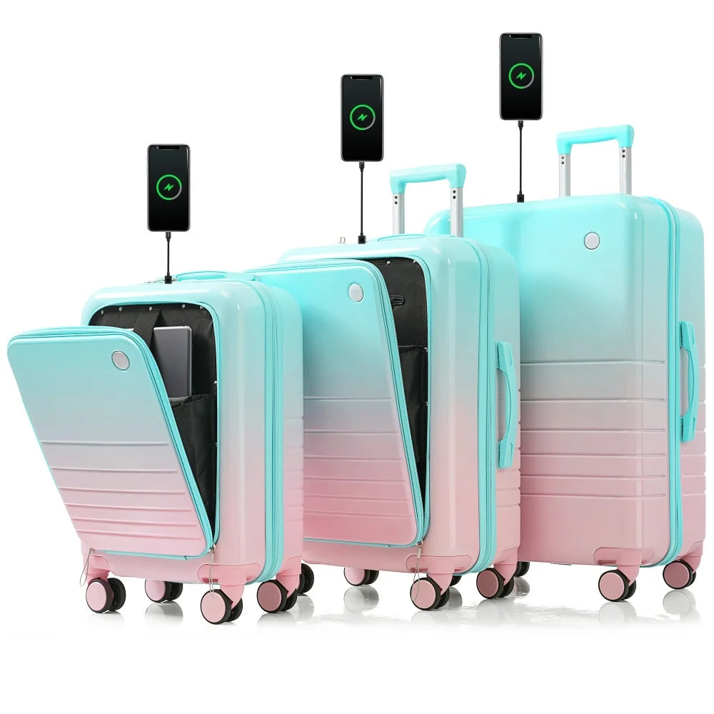 USB Port 20 24inch Front Opening Design Airline Certified Carry on Luggage ABS+PC Hard Shell Luggage with Spinner Wheels