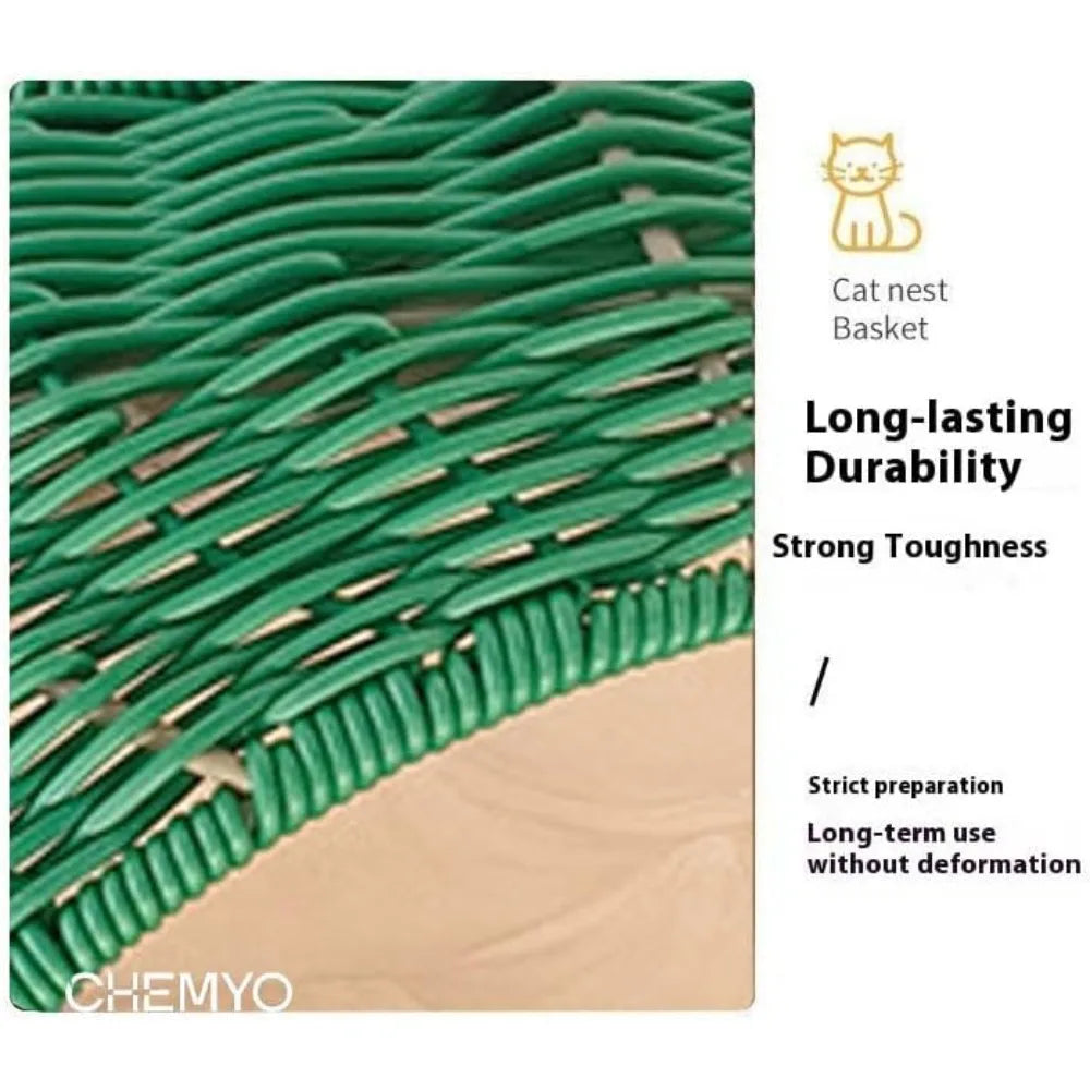 Indoor Rattan Cat House with Washable Cushion and Door Hole, Ideal for Cats and Kittens, Pet Sleeping Bed Elevation