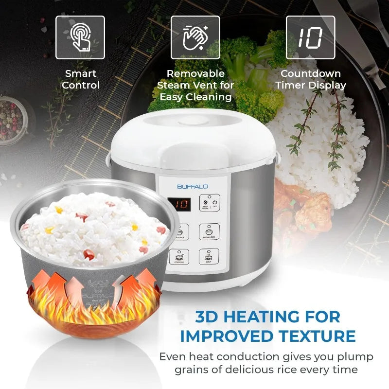 Buffalo Rice Cooker with Clad Stainless Steel Inner Pot - Electric Rice Cooker for White/Brown Rice,Grain - Auto Warmer (10 Cup)