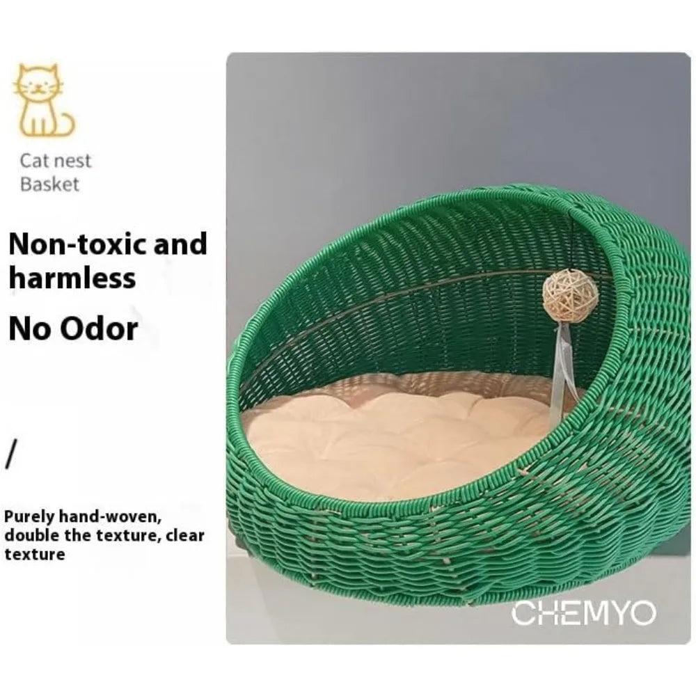 Indoor Rattan Cat House with Washable Cushion and Door Hole, Ideal for Cats and Kittens, Pet Sleeping Bed Elevation