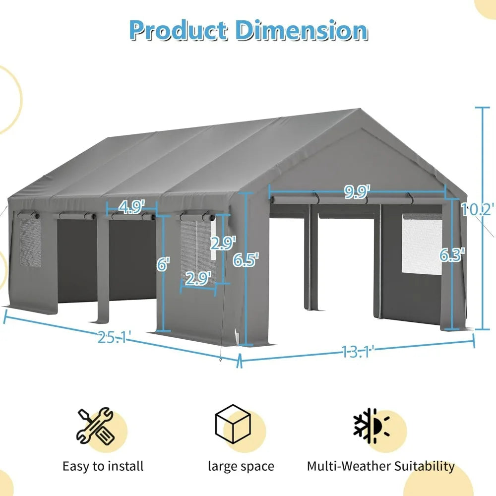 Carport 25x13ft Heavy Duty Canopy Storage Shed,Extra Large Portable Outdoor Garage with 4 Roll-up Doors & 4 Windows and All-Seas