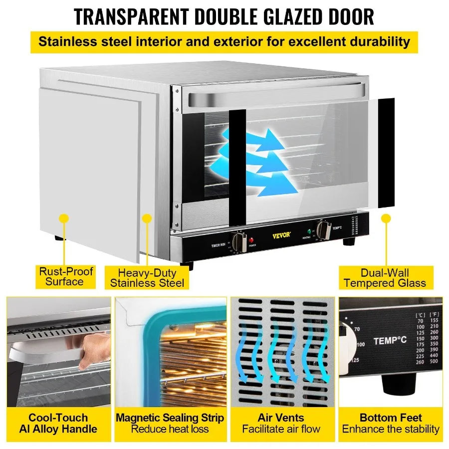 Commercial Convection Oven 66L 60Qt HalfSize Conventional Oven Countertop 1800W 4Tier Toaster w Front Glass Door Electric Baki