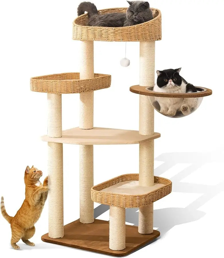 Large Wood Cat Tree Tower for Indoor Cats, Multi-Cats Scratching Post & Cat Condo with Handwoven Cat House Basket, Thick Sisal P