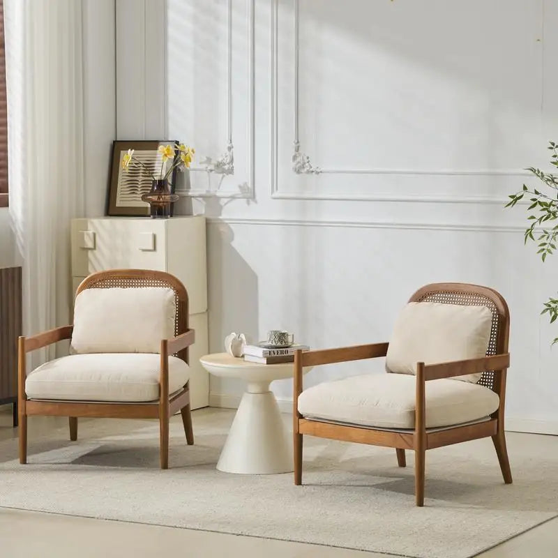 Set of 2 Mid-Century Modern Accent Chairs with Walnut Finish Solid Wood Frame and Rattan Backrest, Beige Cushions with Striped