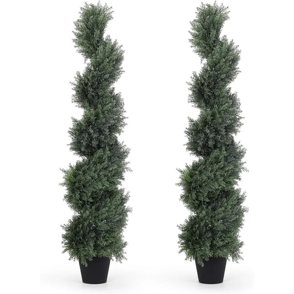 Pair of 4-Foot Tall Artificial Spiral Topiary Trees, 48-Inch Fake Cedar Outdoor Planters - Twist Cypress Look