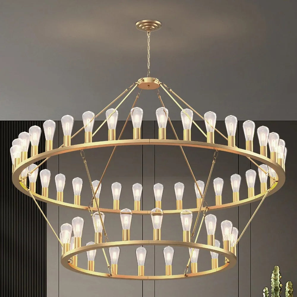60‘’ Grand Circle 54-Light  Lamps Gold Wagon Wheel Chandelier 2 Tier Design Rustic Fixture Lighting  Lights For Room Home Decor