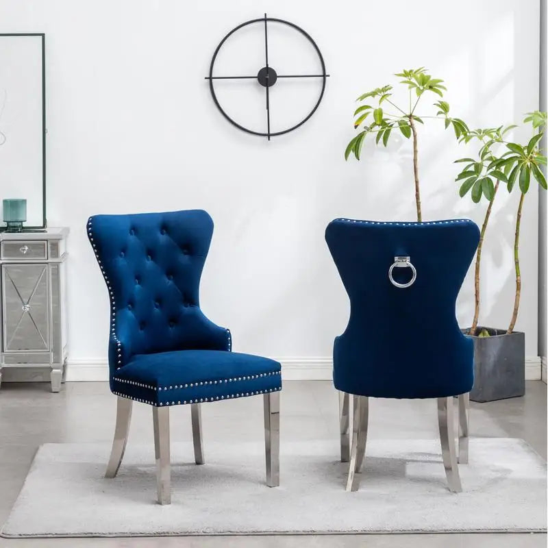 Set of 2 Contemporary Tufted Velvet Chairs with Nailhead Trim - Blue, Upholstered Accent Chairs for Living Room or Home Office