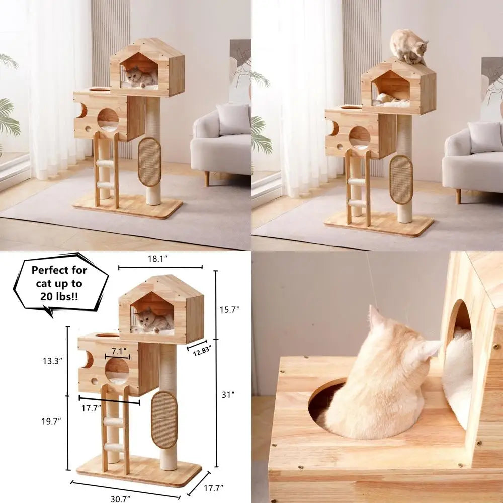 SHENGOCASE Modern Real Solid Rubber Wood Large Cat Tree Tower Castle with Big Enclosed Bed, House Condo, Scratching Post and Sis