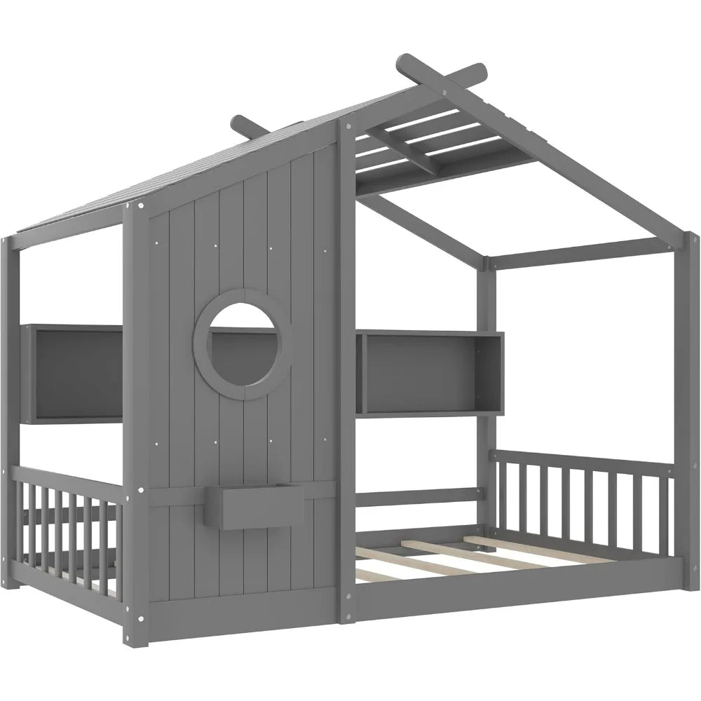 Twin-Sized Storage-Friendly Kids' Montessori Bed with Wooden House Frame and Roof for Girls