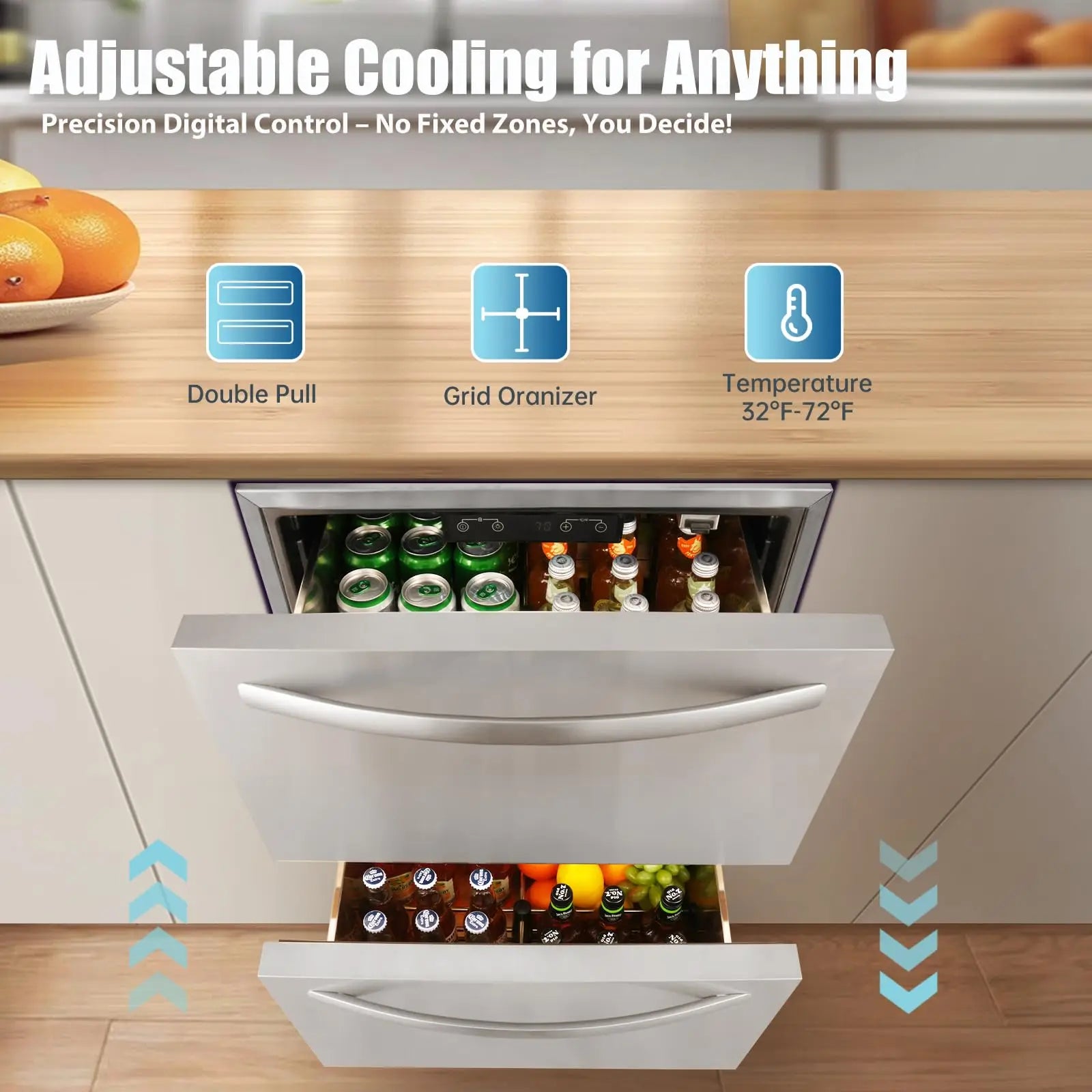 HCK 24 Inch Under Counter Double Drawer Fridge, Stainless Steel Outdoor Beverage Refrigerator for Patio, Built-in Beverage Fridg