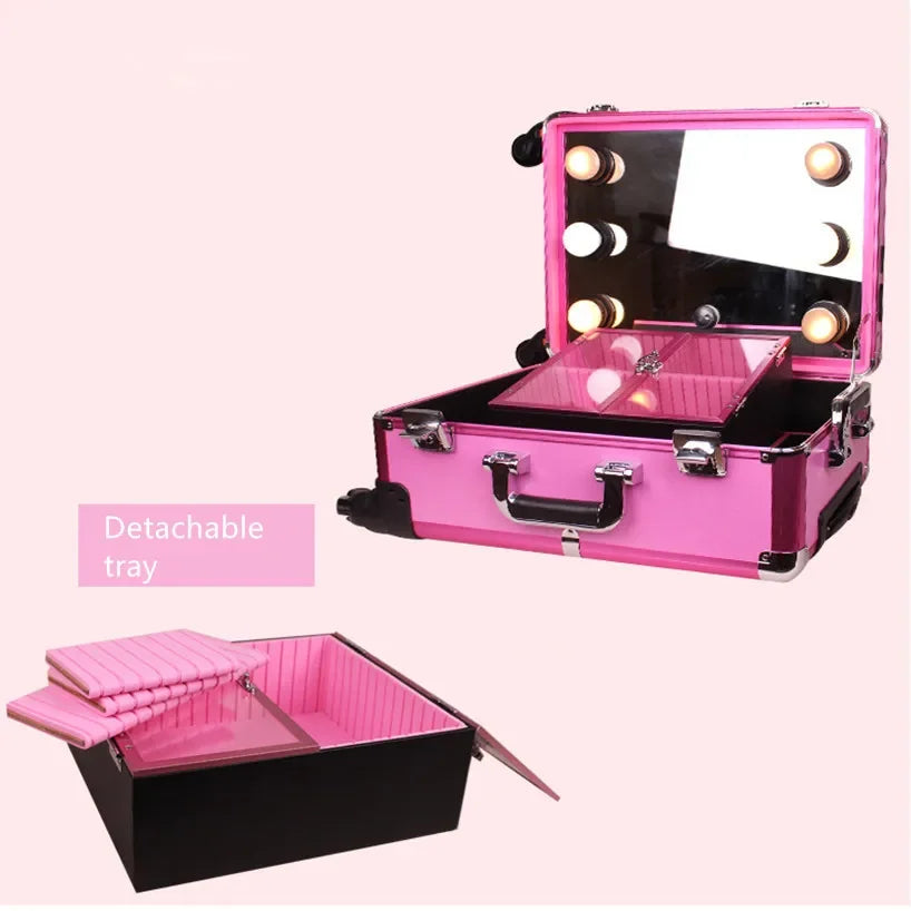 Baggage Aluminum Frame Profelssional Makeup Beauty Lighting Rolling Luggage Travel Trolley Light Make Up Case Bag Suitcase Box