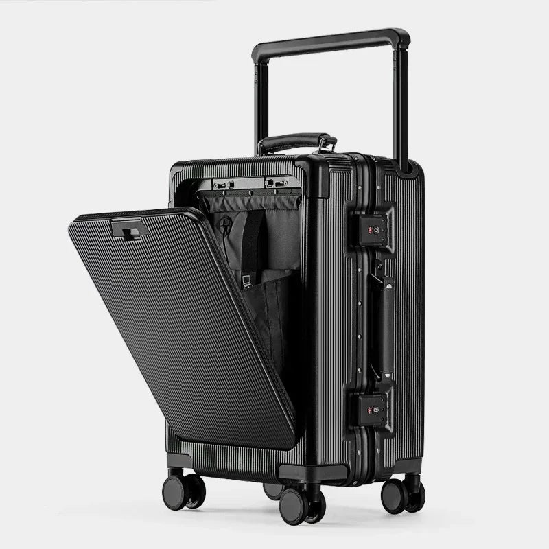 20/24/26 Inch Front Opening Pocket Suitcase Rolling Luggage Aluminum Frame Wide Handle Trolley Case with Wheel USB Charging