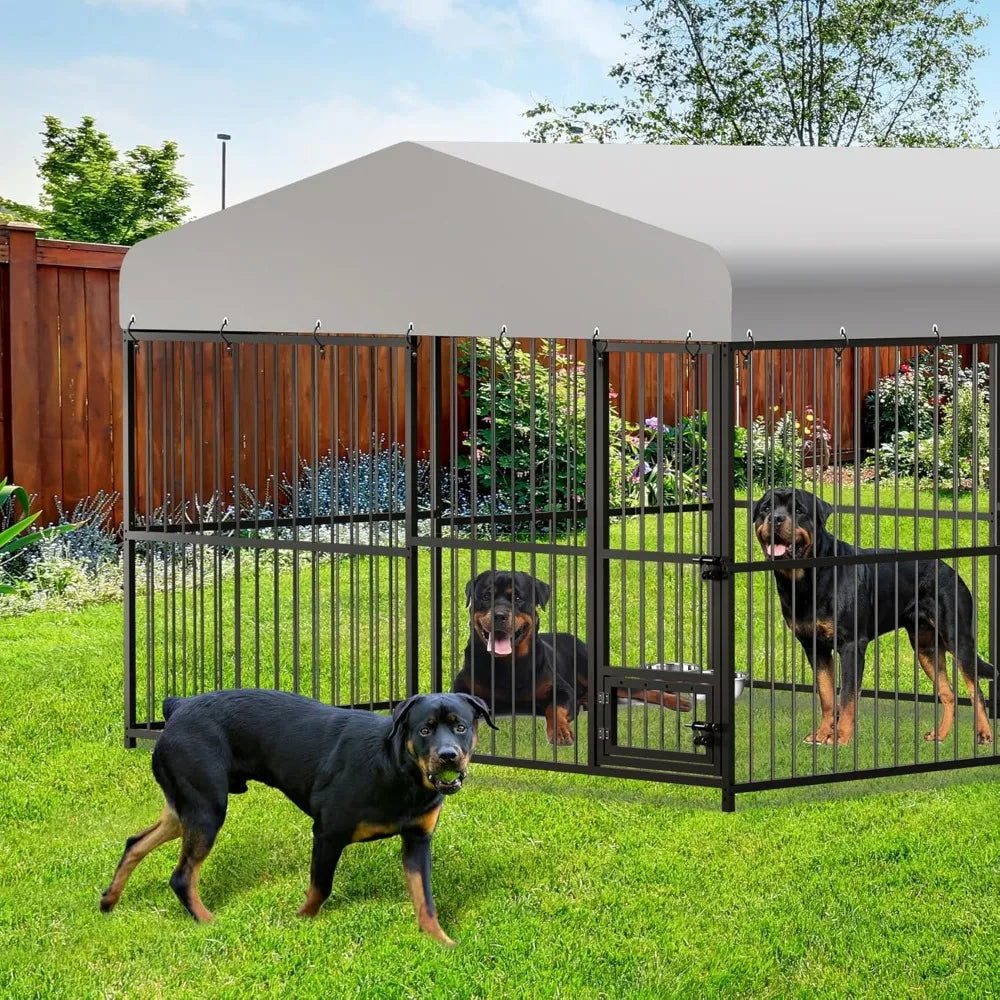 Large Outdoor Dog Kennel - 10x10x6 Feet, Heavy Duty Cage with Lock, Waterproof Roof, and Swivel Stainless Steel Feeding Bowl