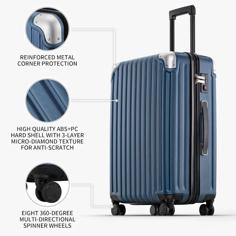 home.Grace Luggage Sets Hardshell Suitcase with Wheels  24 Inch 28 Inch Checked Luggage, 3-Piece Set (20/24/28), Blue