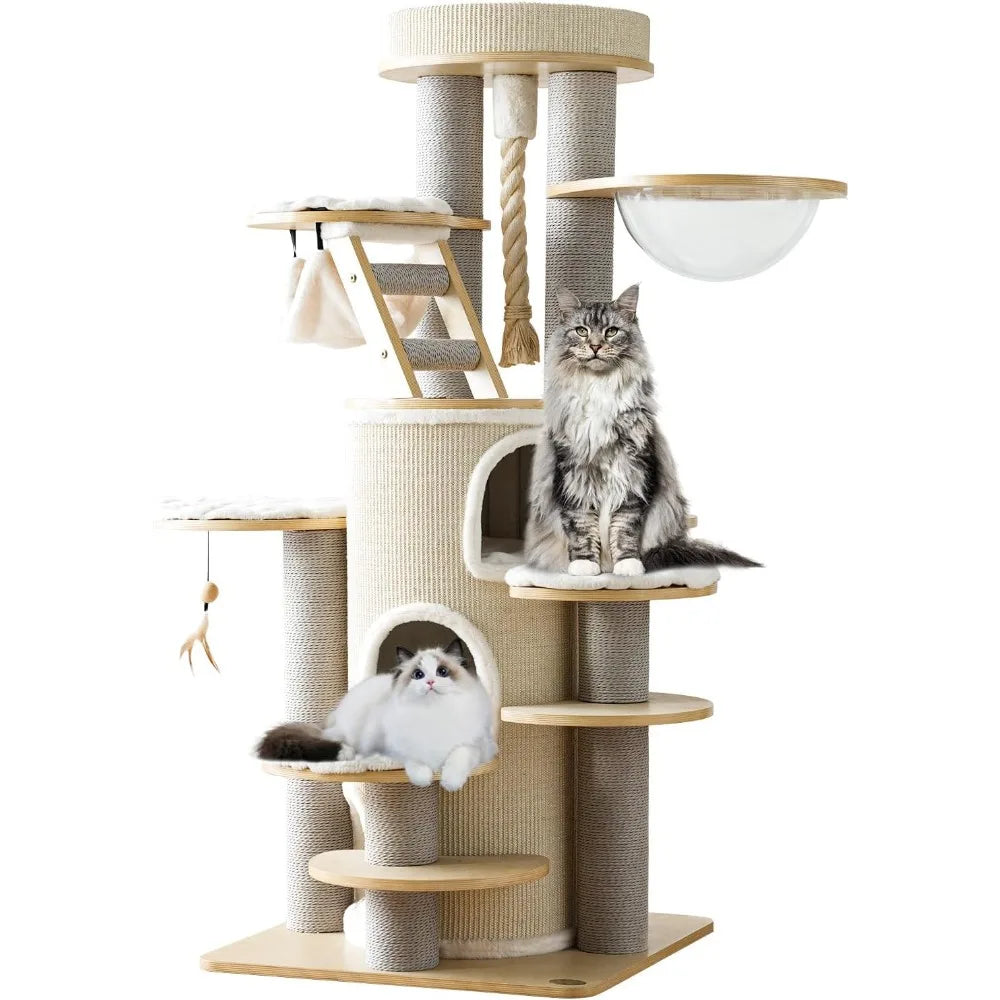 63'' Castle Large Cat Tree for Maine Coon,Modern Solid Wood Cat Tower for Indoor Cats Adults,Multi-Level Heavy Duty Luxury Cat C