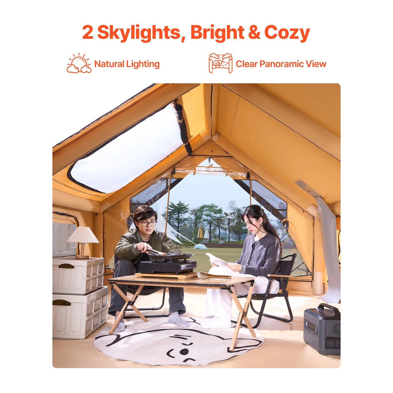 SucceBuy Inflatable Tents for Camping Easy Setup Blow up Tent with Hand Pump Glamping Tent with Skylight Stove Jack Mesh Windows