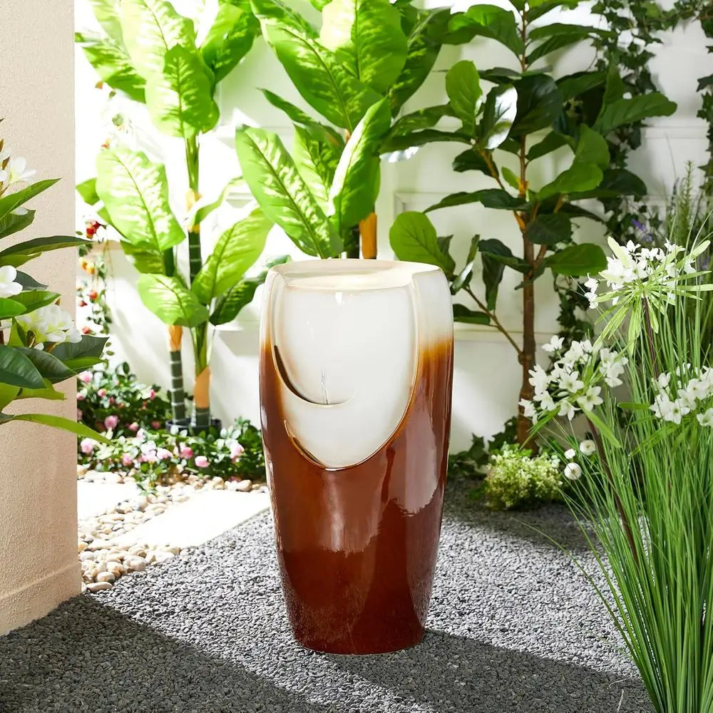Outdoor Tall Sand Beige Ceramic Vase Fountain with LED Light and Pump for Patio Garden Decor