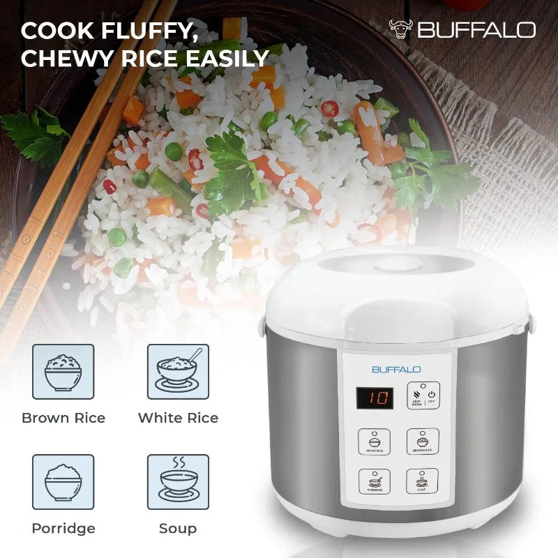 Buffalo Rice Cooker with Clad Stainless Steel Inner Pot - Electric Rice Cooker for White/Brown Rice,Grain - Auto Warmer (10 Cup)