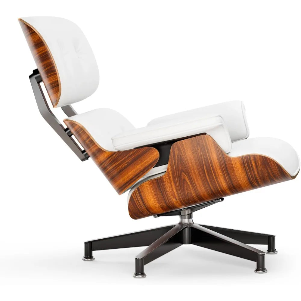 Top White PU Leather, Mid Century Chaise Lounge Chair and Ottoman, Modern Chair Classic Design, Palisander Wood, Heavy Duty Base