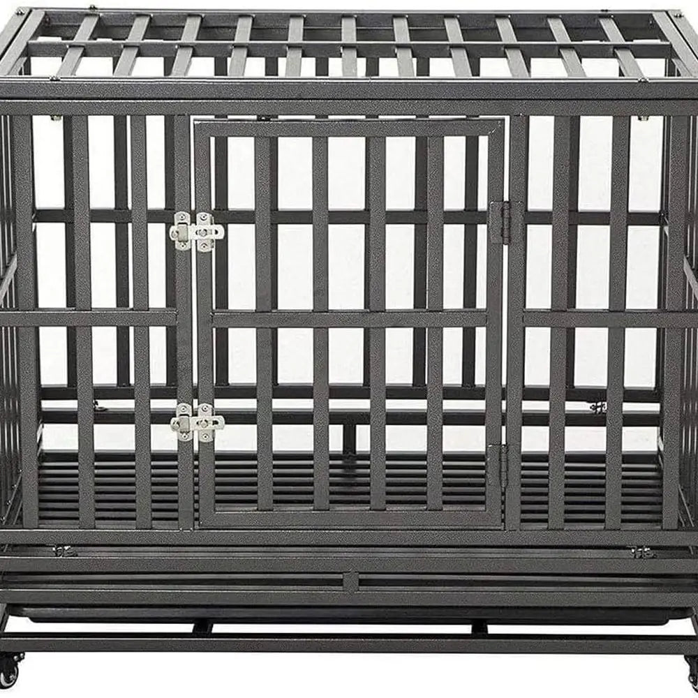 Large Dog Metal Cage with Wheels, 38 Inch Heavy Duty Kennel and Playpen for Pets, Easy Assembly, Black