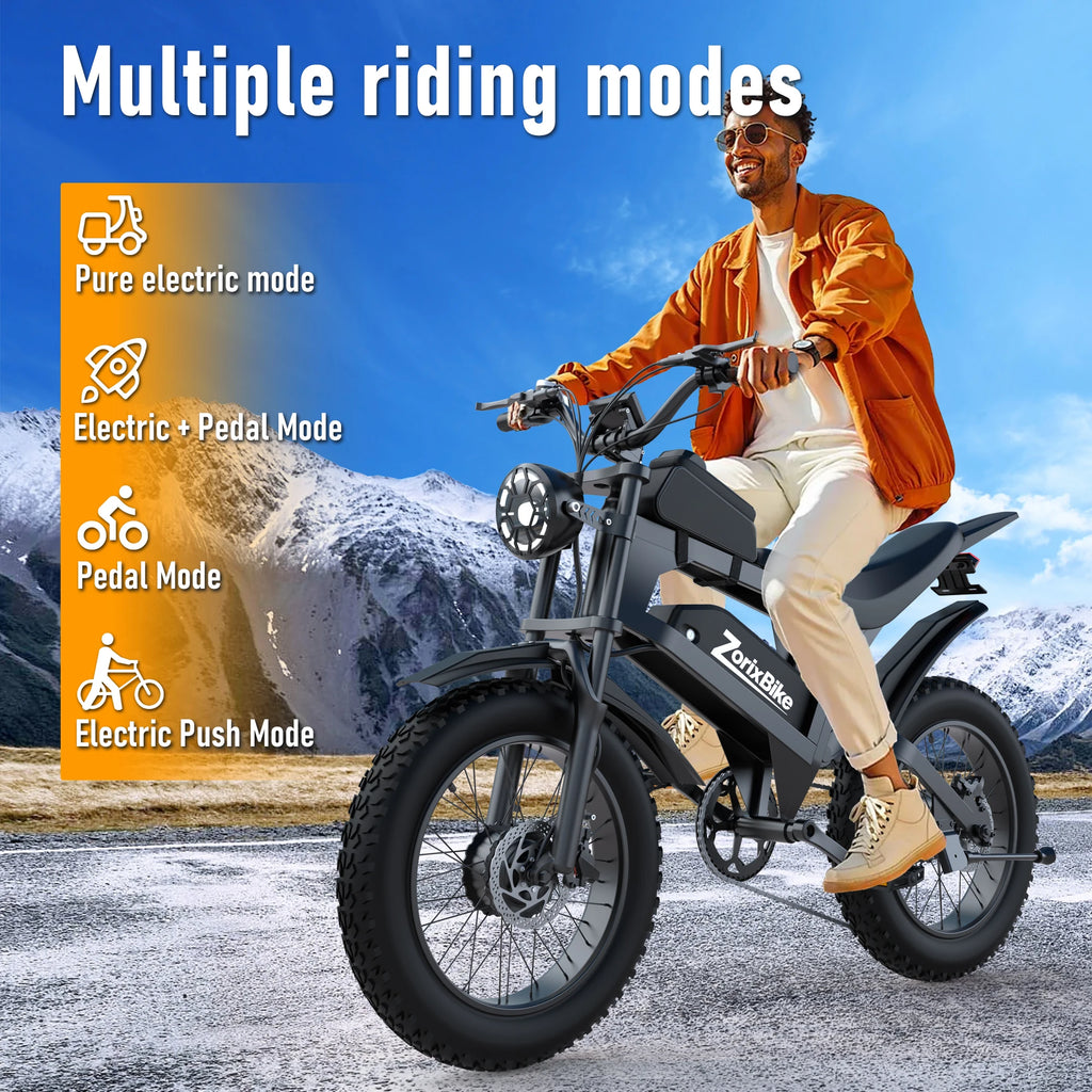 ZorixBike R8 Pro Electric Off-Road Bike 20x4" 3000W 35Mph 80Mile 48V 23Ah,7 Speed Wide Tire All Terrain E-Bike For Adult