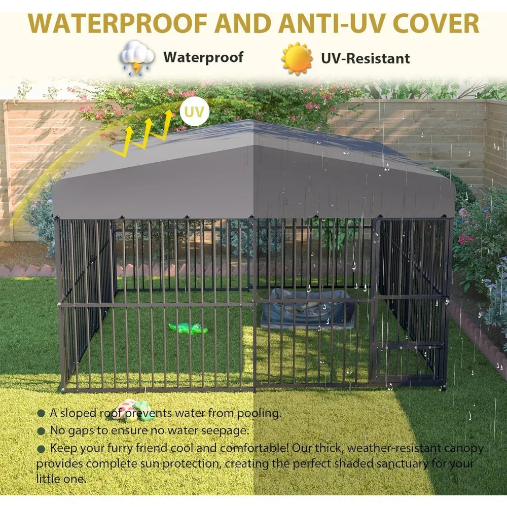 Large Outdoor Dog Cage - 10x10x6 Heavy-Duty Rust-Proof Galvanized Steel Kennel Enclosure with Barrier Fence for Secure Outdoor L