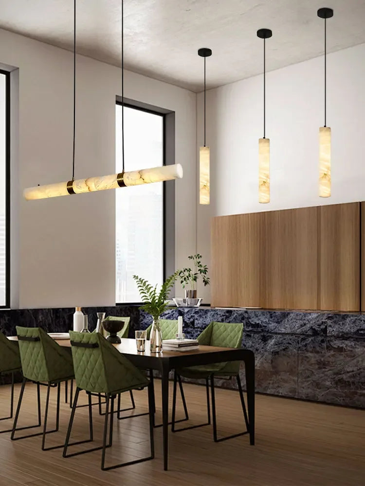 Dimmable LED Marble Linear Hanging Lamps LED Chandelier Lighting White Alabaster Suspension Luminaire Lampen For Dinning Room