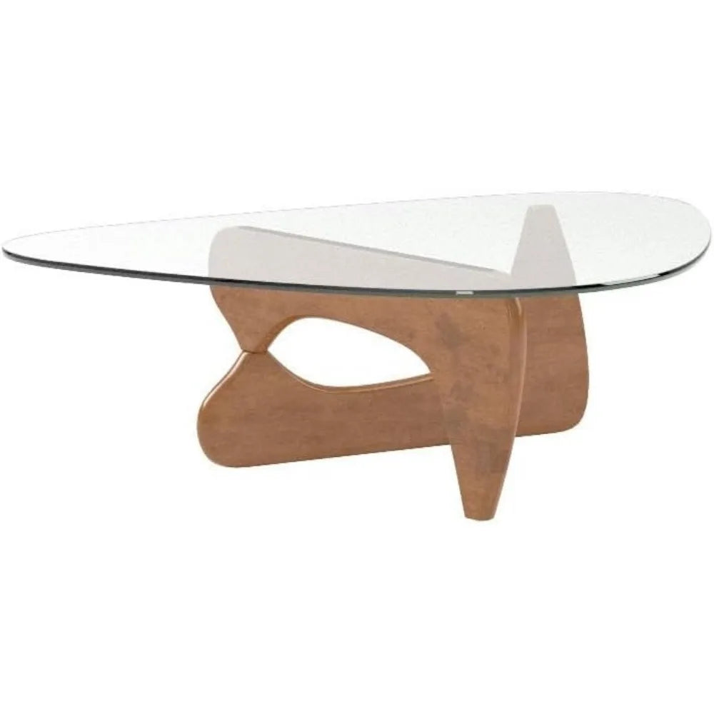 Triangle Glass Coffee Table Modern Noguchi Coffee Table, Vintage Glass, and Wood End Table, Solid Wood Base and Clear Glass Top