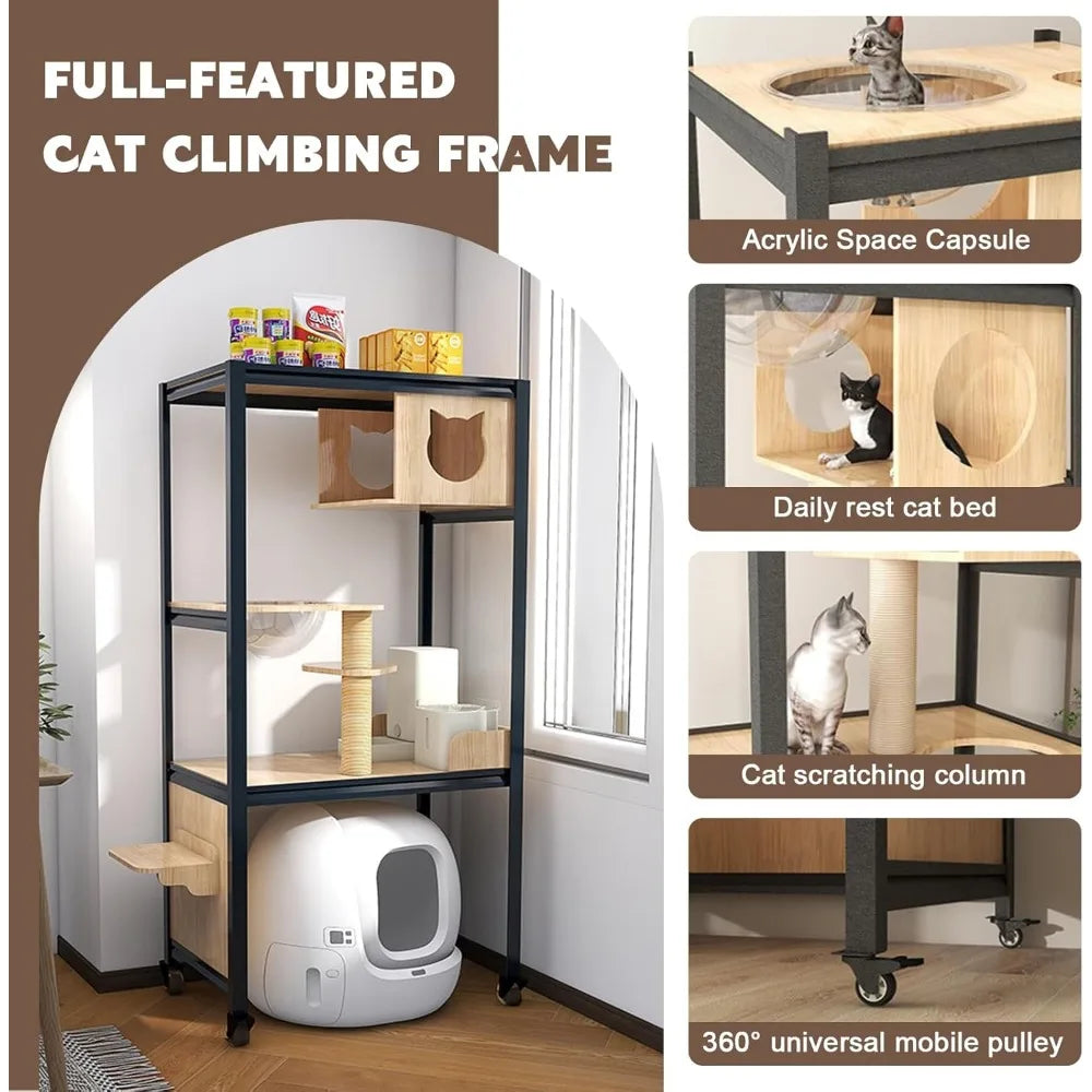 Solid Wood Indoor Cat Climbing Structure - Heavy Duty Multi-Level Cat Tree House with 360° Swivel Casters and Luxury Villa Desig