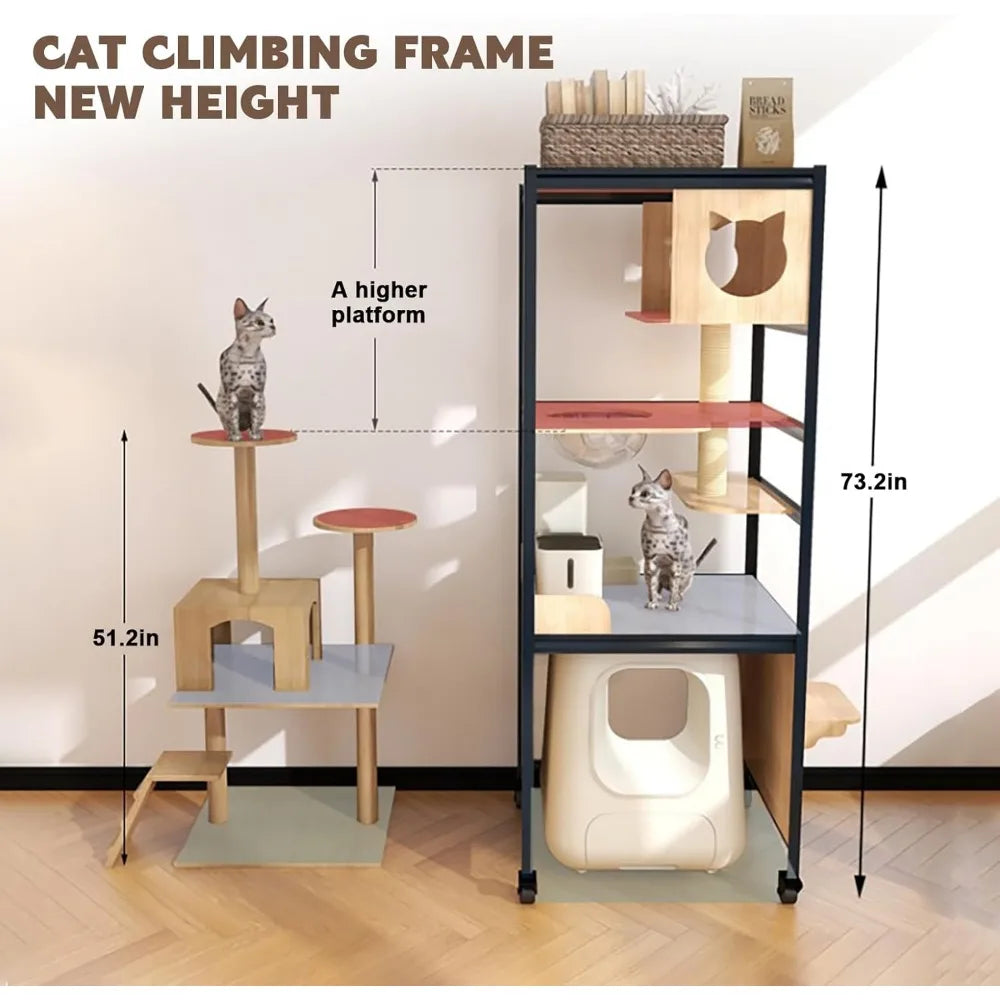 Solid Wood Indoor Cat Climbing Structure - Heavy Duty Multi-Level Cat Tree House with 360° Swivel Casters and Luxury Villa Desig