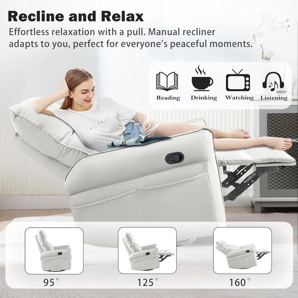 Swivel Rocker Recliner Chairs for Adults - Small Faux Leather Manual Recliners with Overstuffed Comfort for Living Room
